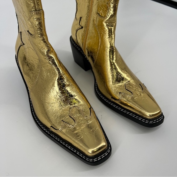 Caverly Kylie Western Gold Metallic Leather Block Heel Cowboy Ankle Booties 40 - Picture 5 of 11
